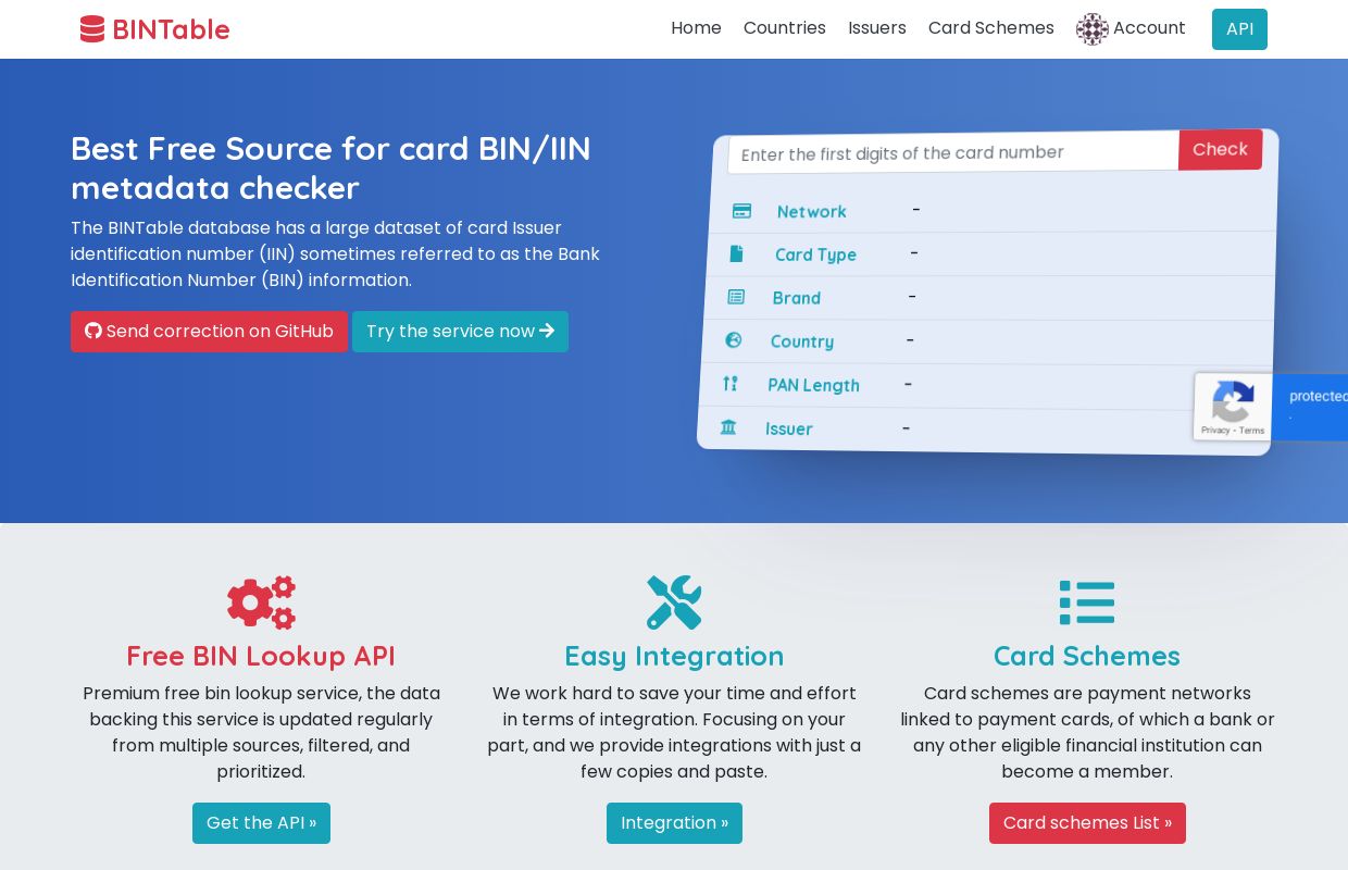 BINTable: Find card issuing bank name,brand and country